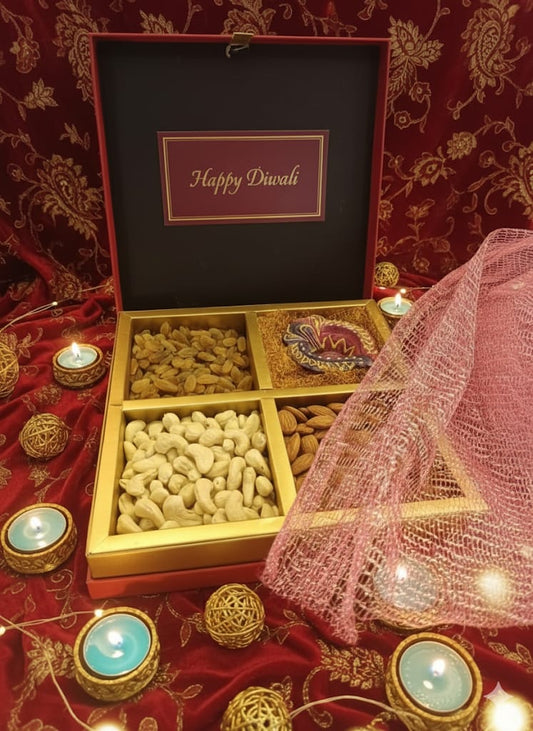 Chakkiwalle Diwali Hampers | 4 Cavity Dry Fruit Box with Hand Painted Diya | Diwali Hamper | Sweets | Gift