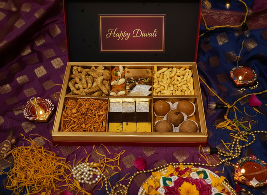Chakkiwalle Diwali Hampers | 6 Cavity Dry Fruit Box with Sweets & Savories | Namkeen | Gifting | Hamper | Family & Friends