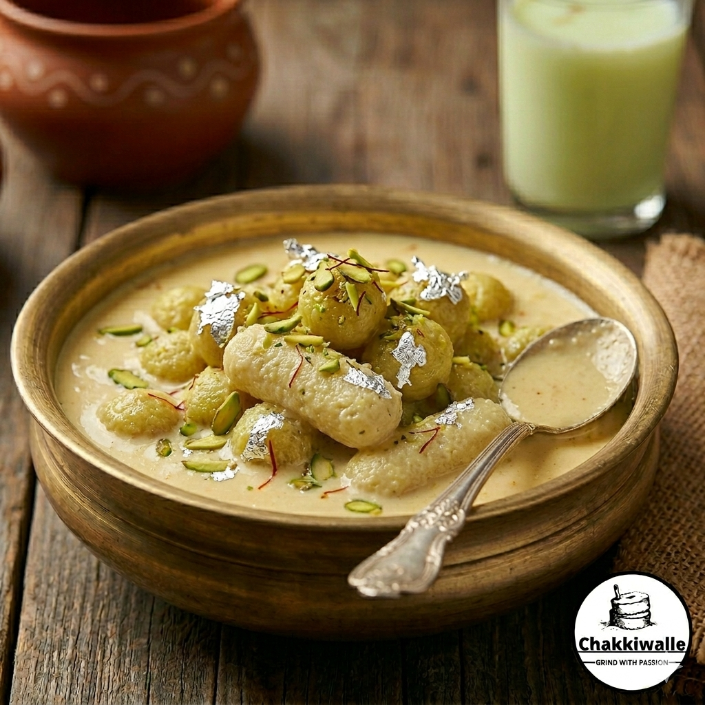 CHAKKIWALLE Malai Chom Chom is a rich dessert featuring soft, juicy, syrup-soaked cottage cheese (chhena) dumplings coated or stuffed with creamy, thick milk reduction (malai). |