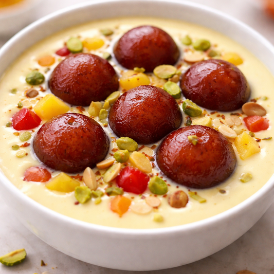 CHAKKIWALLE Delicious Custard Jamun made with soft | spongy jamuns soaked in rich sugar syrup and topped with smooth | creamy custard |
