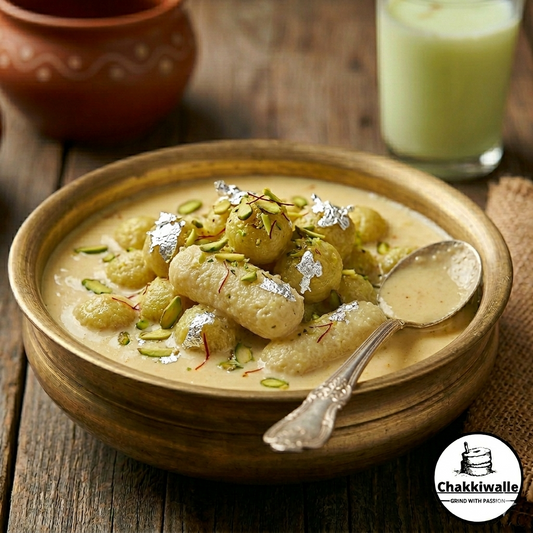 CHAKKIWALLE Malai Chom Chom is a rich dessert featuring soft, juicy, syrup-soaked cottage cheese (chhena) dumplings coated or stuffed with creamy, thick milk reduction (malai). |