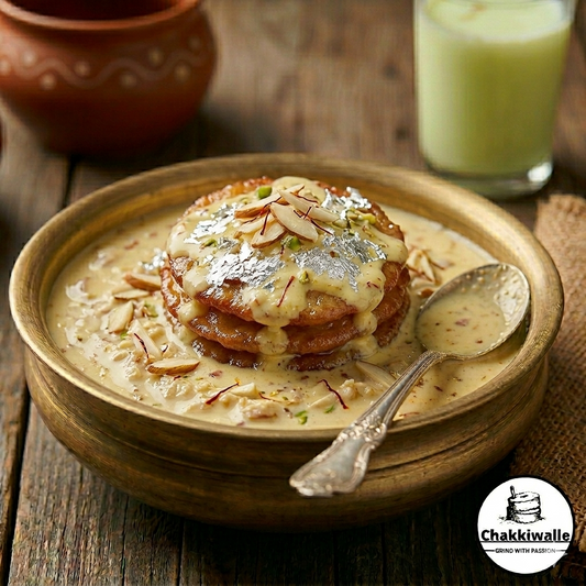 CHAKKIWALLE Rabri Malpua  is an indulgent Indian dessert featuring deep-fried, cardamom-scented pancakes (Malpua)|